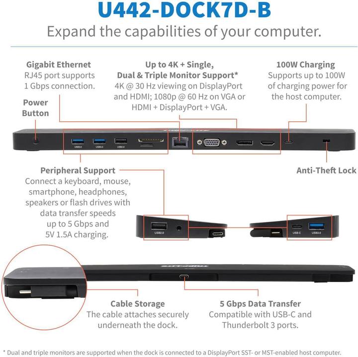 Produktbild Eaton USB-C Dock Triple Display 4K HDMI & DP VGA USB 3.2 Gen 1 USB-A/C Hub GbE 100W PD Cha (USB-C, 3 Ports)