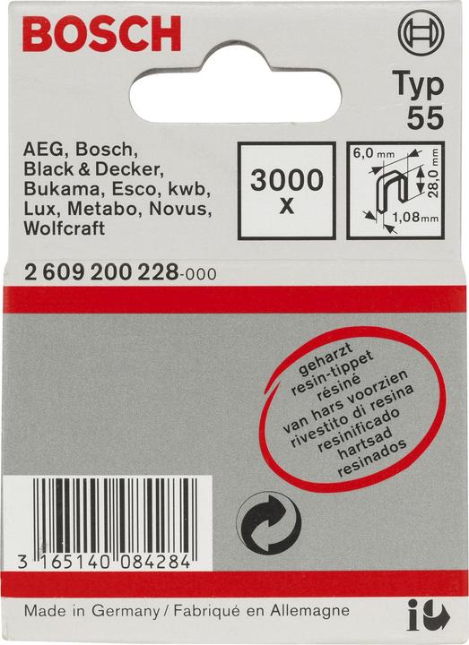 Immagine prodotto Bosch Professional Zubehör Punto metallico posteriore stretto tipo 55, resinato 6 x 1,08 x 28 mm, confezione da 3000 pz.