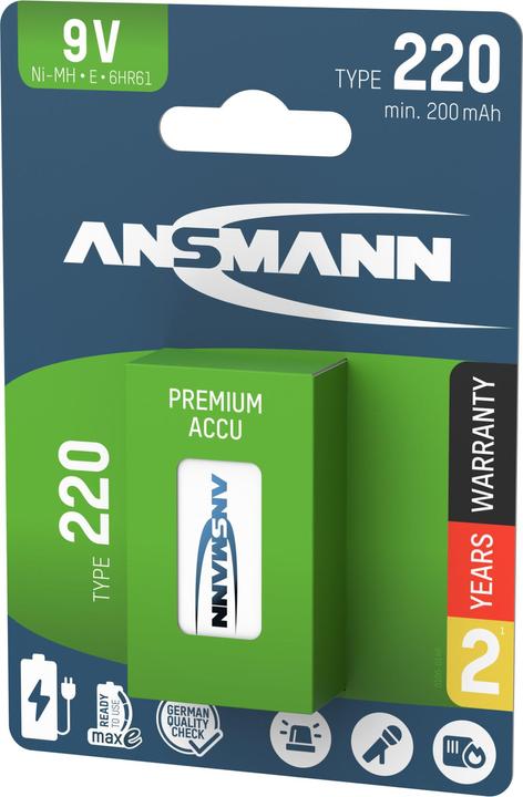 Actual product image Ansmann NiMH battery 9V E-Block type 220 (min. 200 mAh) maxE 1er (9V Block, 200 mAh)