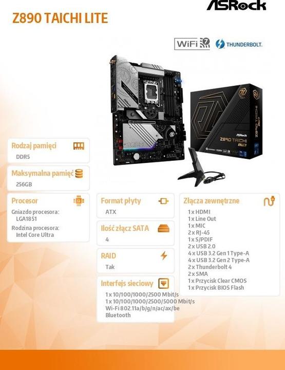 Image du produit AsRock Z890 Taichi Lite Intel DDR5 S1851 (LGA 1851, Intel Z890, ATX)