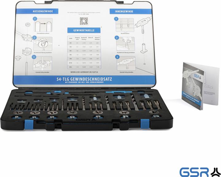 Actual product image GSR 48 pcs HSS threading assortment with internal and external thread guides M3-M12