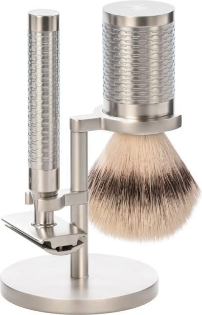 Mühle ROCCA, Rasierset, 3-teilig, Rasierpinsel mit Silvertip Fibre®, HANDARBEIT, Griffe aus Edelstahl, Ras