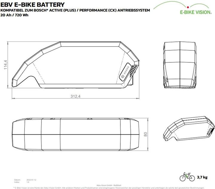 Image du produit E-Bike-Vision Batterie BOSCH POWERPACK AKKU 500 PERFORMANCE LINE 36V 20Ah / 720Wh (720 Wh, Batterie pour vélo électrique)