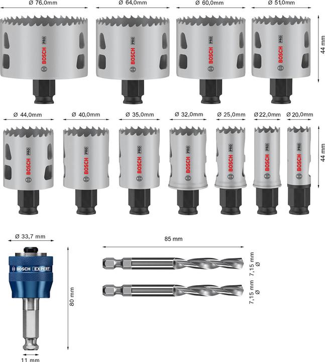Produktbild Bosch Professional Zubehör PRO Multi Material PC Plus Lochsägen-Set, 14-tlg. (76 mm, 64 mm, 44 mm, 40 mm, 35 mm, 20 mm, 25 mm, 60 mm, 22 mm, 51 mm, 32 mm)