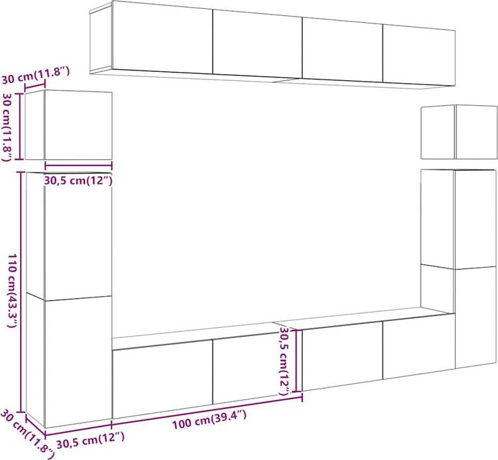 Image du produit VidaXL 8-tlg. TV-Schrank-Set Wandmontage Altholz-Optik Holzwerkstoff