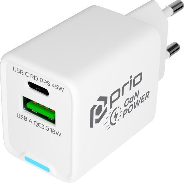 Produktbild prio Wandladegerät GaN Power 45W PD PPS (USB C) + QC 3.0 (USB A) weiss (45 W)