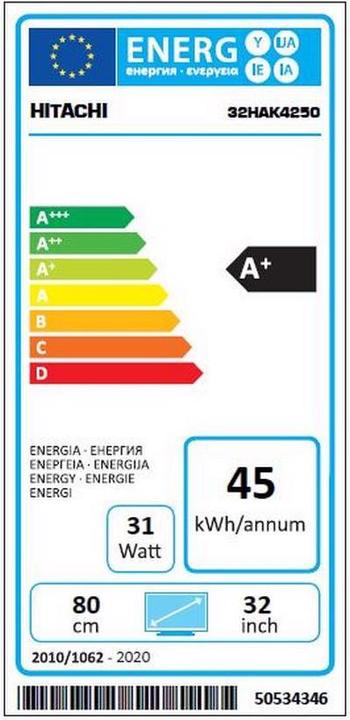 Etichetta energetica Hitachi 32HAK4250 (32", LCD, Full HD, 2020)