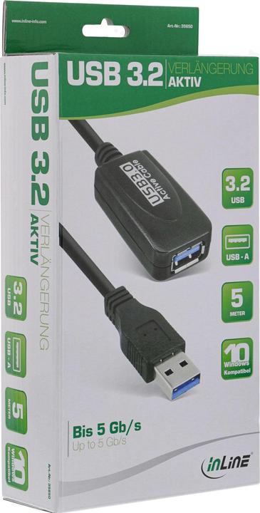 Image du produit InLine USB 3.0 extension active mâle A vers femelle A noir 5m (5 m, USB 3.2 Gen 1)