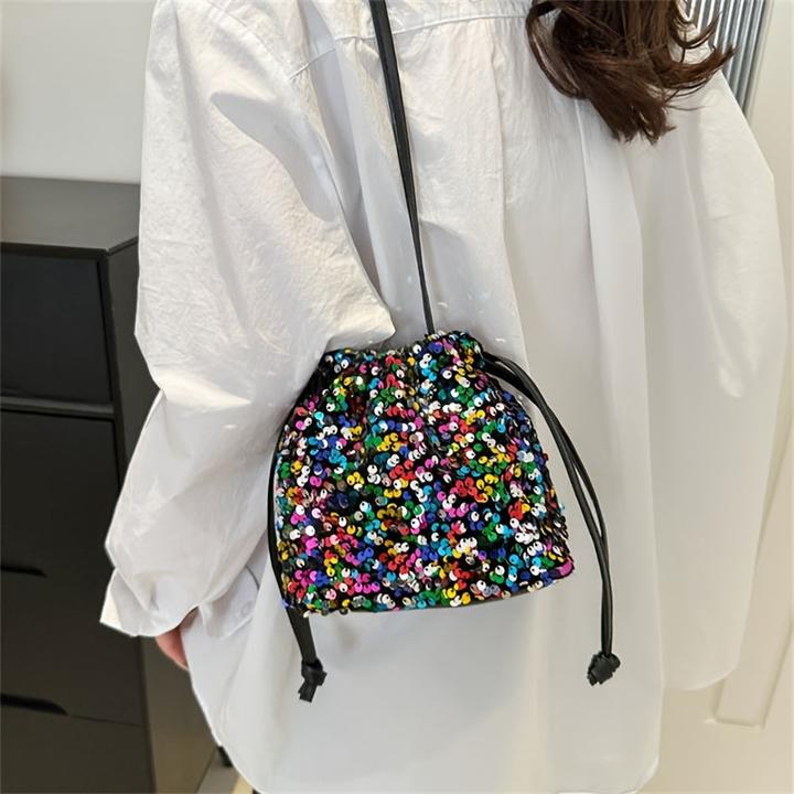 Actual product image Only-Bags.Store Colourful sparkle glitter sequins lightweight bucket bag, stylish street commuter style soft