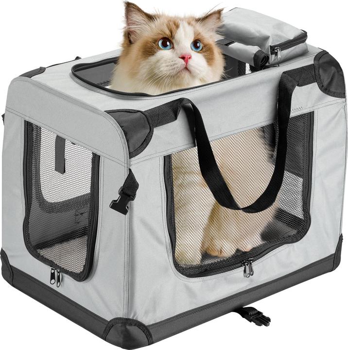Fudajo Caisse de transport grise pliable pour animaux domestiques, M (60x42x44cm) Poignée Couverture (Cane, Pieghevole, Traspirante)
