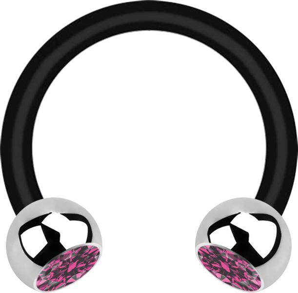 Produktbild Star Piercing Micro Circular Barbell schwarz mit zwei Kugeln silber Kristall pink (Bioflex, Chirurgenstahl 316L, ohne Messing)