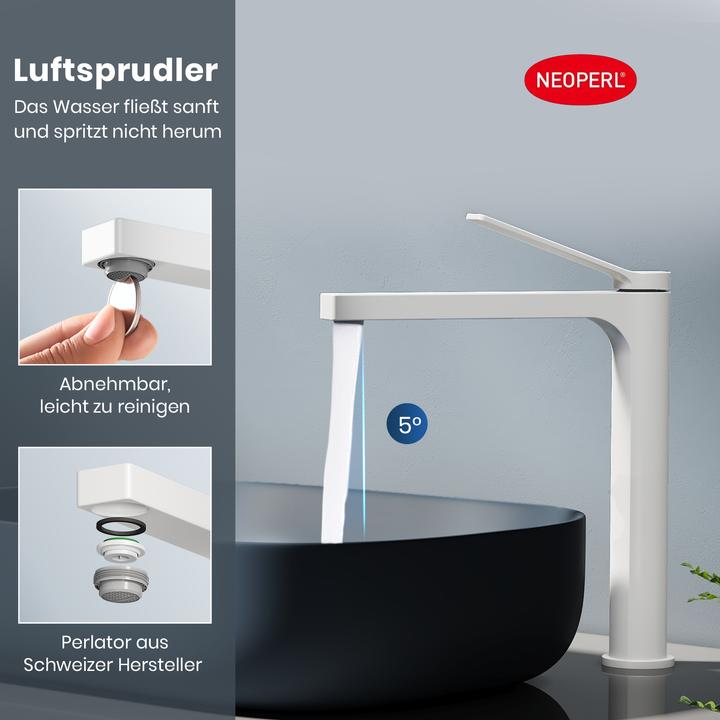 Actual product image Emke Bathroom tap, white, mixer tap washbasin, brass, with aerator, ceramic cartridge, simple to use