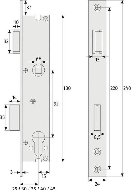 Produktbild Abus Einsteckschloss fr Rohrrahmentren links/rechts silber ESR PZ 30/92/24 mm DIN Falz (Einsteckschloss)