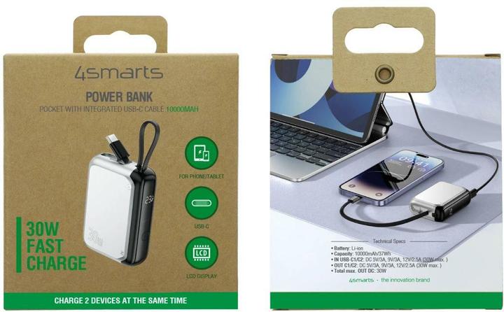 Produktbild 4smarts Powerbank Mit integriertem USB-C Kabel 10000 mAh, Silber (10000 mAh, 30 W, 37 Wh)