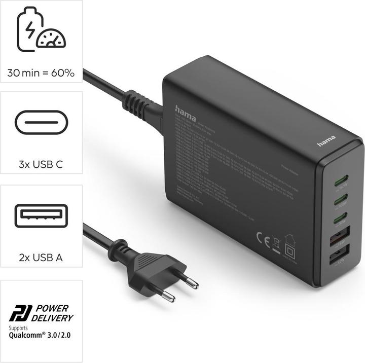 Immagine prodotto Hama Stazione di ricarica 5 porte, GaN, caricatore rapido, 3xUSB-C, 2xUSB-A, PD, 140 W, SW (140 W)