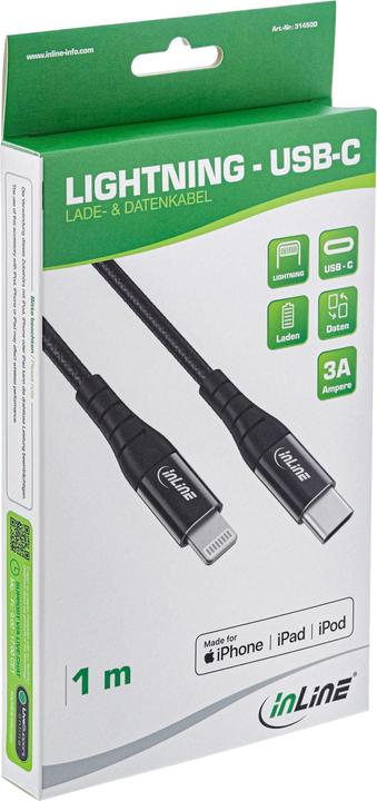 Image du produit InLine Câble USB-C Lightning, pour iPad, iPhone, iPod, noir/alu, 2m certifié MFi (2 m, USB 2.0)