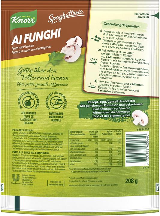 Valeurs nutritives et ingrédients Knorr Spaghetteria Ai Funghi Pasta avec sauce aux champignons, sachet pâtes avec sauce crémeuse (218 g)