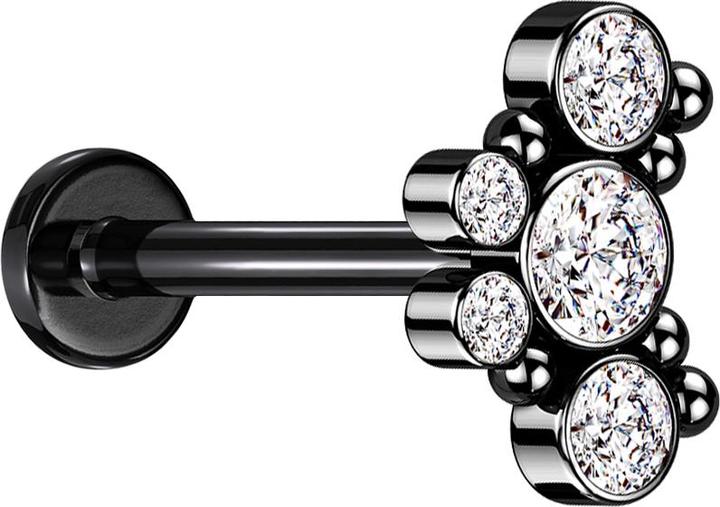 Star Piercing Micro Labret Innengewinde schwarz sechs Kugeln fünf Kristalle silber (ohne Messing, Chirurgenstahl 316L)