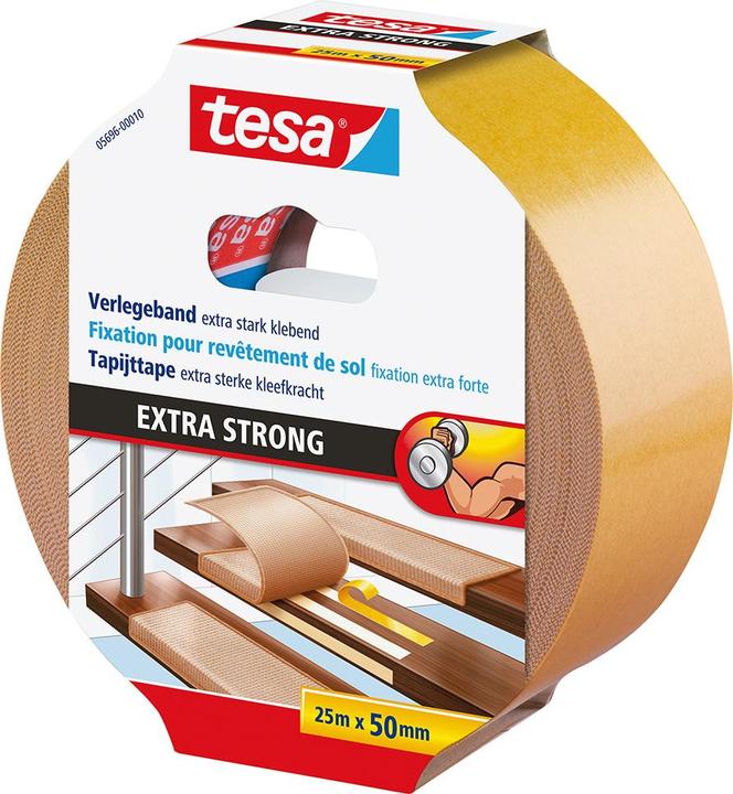 Produktbild tesa Verlegeband EXTRA STRONG, doppelseitiges Klebeband zum Verlegen von Teppich und PVC-Belag (50 mm)