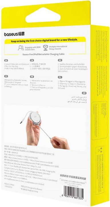 Actual product image Baseus Free2Pull retractable USB-C / Lightning cable 20W 1m - white (1 m, USB 2.0, 20 W)