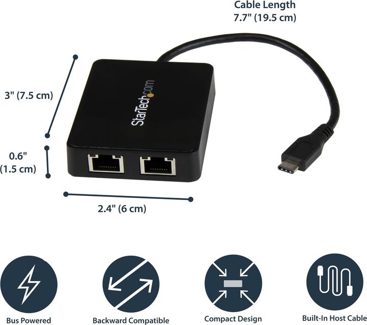 Produktbild StarTech USB-C To Dual Gbe Adapter (USB, RJ45 Gigabit Ethernet (2x))