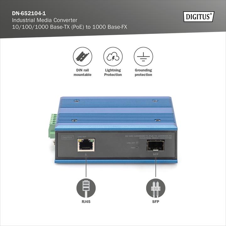 Image du produit Digitus 10/100/1000Base-TX (PoE) to 1000Base-FX Industrial Media Converter (2 Ports)