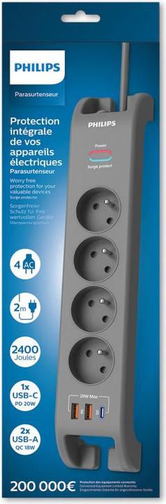 Produktbild MCL Multiplug-Überspannungsschutz 4Steckdosen Typec Ladegerät und 2 Usba (4 x, 2 m)