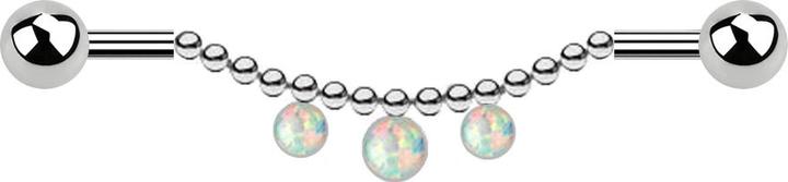 Star Piercing Barbell silber zwei Kugeln Kette drei Opale weiss (ohne Messing, Chirurgenstahl 316L)