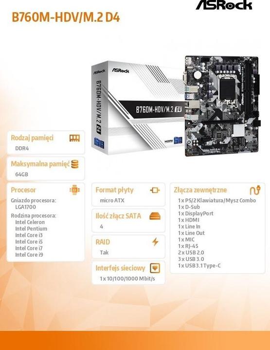 Image du produit AsRock B760M-HDV/M.2 D4 (LGA 1700, Intel B760, mATX)