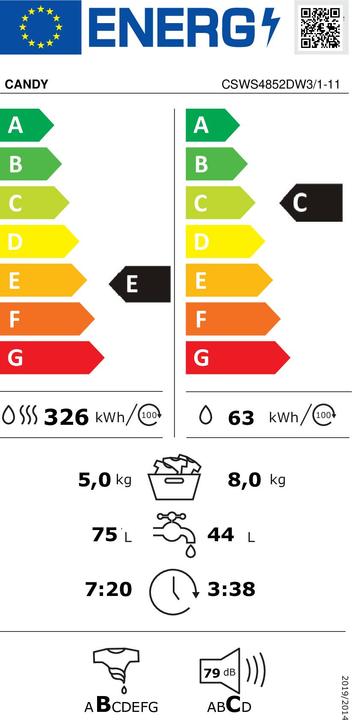Energy Label Candy CSWS4852DW31-11 Front loading washer-dryer 8-5 kg (EU plug)