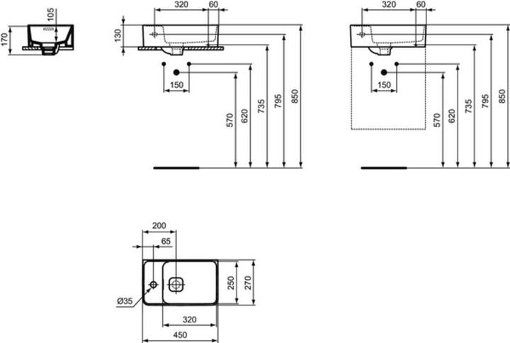 Image du produit Ideal Standard IDS Lave-mains STRADA II Banc de robinetterie à gauche 450x270x170mm blanc I+ (270 mm, 450 mm)