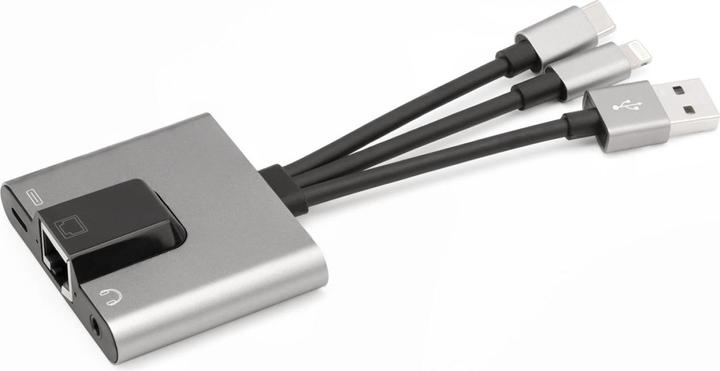 PowerGuard 3-in-1 USB-C/USB-A Lightning Multiport Adapter to RJ45 Ethernet 3.5mm Audio (USB-A, Lightning, USB tipo C, Jack da 3.5mm)