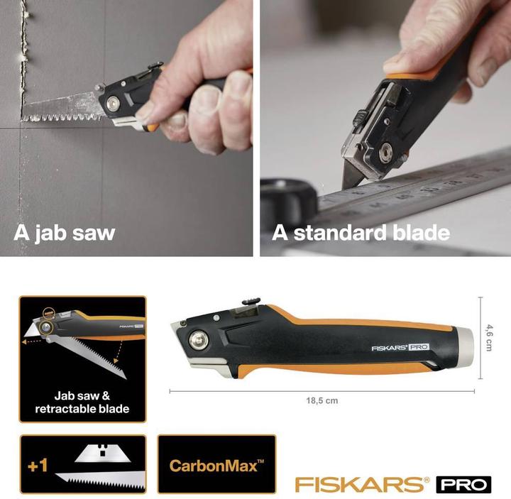 Produktbild Fiskars Universal-Trockenbaumesser, Länge 18,5 cm, Rostfreier Stahl/Kunststoff, Schwarz/Orange, Carb (Cutter)