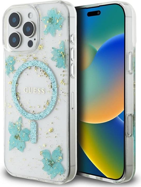 Actual product image Guess Case Resin Flowers Glitter MagSafe for iPhone 16 Pro Max turquoise (Apple iPhone 16 Pro Max)