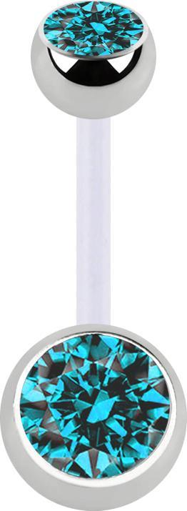 Star Piercing Banane transparent mit zwei Kugeln silber Kristall aqua (Chirurgenstahl 316L, ohne Messing, Bioflex)