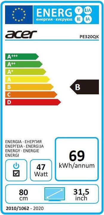 Energy Label Acer PE320QKProDesigner 80cm 31.5inch TFT 3840x2160 4K 2xHDMI 2.0 DP Audio Out USB 3.1 Hub DisplayPort... (3840 x 2160 Pixels, 31.50")