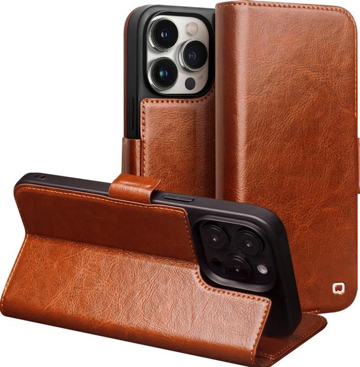 Actual product image QiAlino Flip case with magnetic clasp Light brown (Apple iPhone 14 Pro)