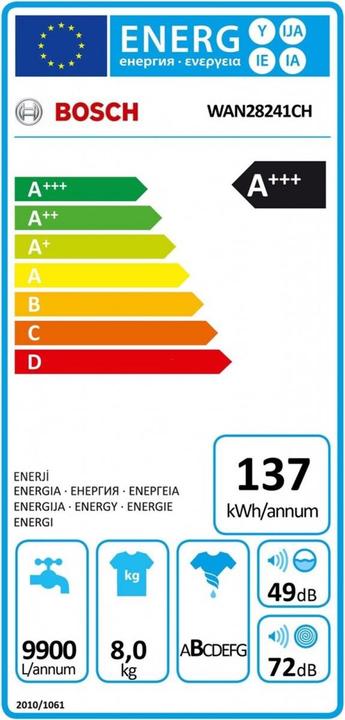 Label énergétique Bosch Hausgeräte Série WAN28241CH4 (8 kg, Gauche, Fiche CH)