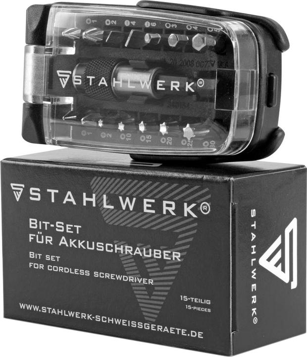 Produktbild Stahlwerk 15 Bits Chrom-Vanadium Bit Set mit Magnethalter für Akkuschrauber (1/4", 1/8, 3/4", 5/16", 10/32", 1/2", 3/8", 6/32" Schaft, 6,3 mm (1/4"), 10 mm (3/8"), 12,5 mm (1/2"), 12,5 mm (3/8"), 12,5 mm (1/2"), 10 mm (3/8"), 12,5 mm (3/8"), 11/16" (3/4"), 5/16" Schaft)