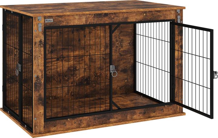 PawHut Hundekäfig Spanplatte, Stahl Rustikal-Braun (Niche pour chien)