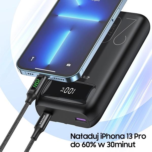 Produktbild Awei PowerBank P169K 20000mAh 22.5W czarny/black wyświetlacz + kable PD/Lightning (20000 mAh, 22 W)