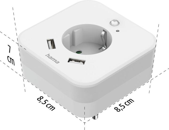 Produktbild Hama LED-Nachtlicht mit Steckdose, 2 USB-Ausgänge, Bewegungsmelder, Lichtsensor