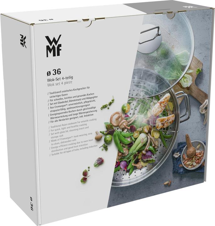 Productafbeelding WMF Wok Set 4st Wok Pan 36cm 4,5l Glazen Deksel Inductie Roestvrij Staal (36 cm, Wokpan, Roestvrij staal)