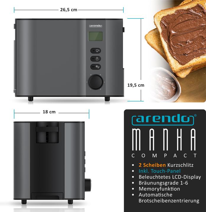 Produktbild Arendo Toaster Edelstahl 2 Scheiben Kurzschlitz, Brötchenaufsatz, Doppelwand, Display mit Restzeitanzeige