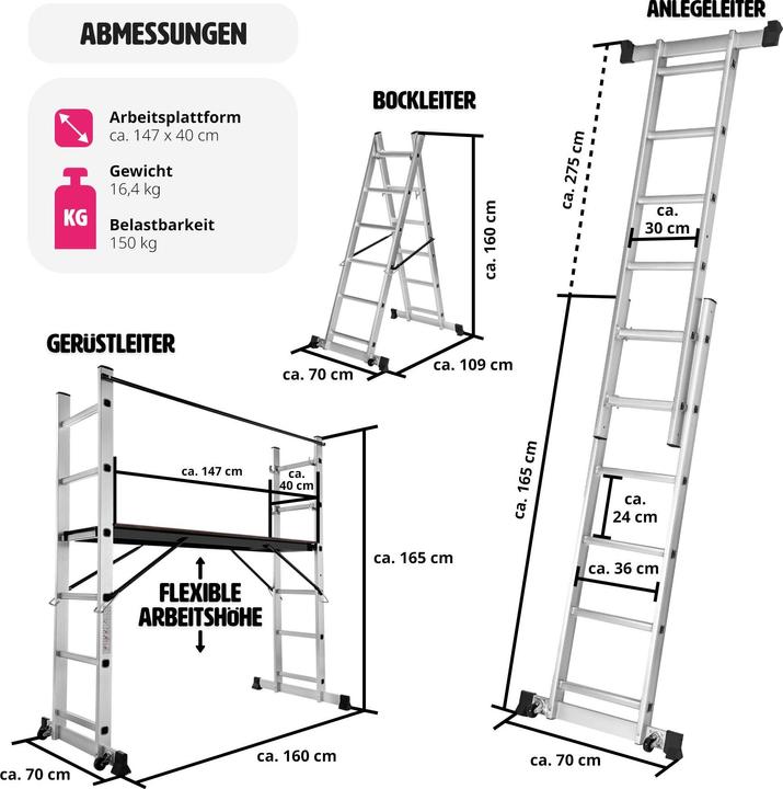 Produktbild tectake Mehrzweckleiter (Plattformleiter, 160 cm)