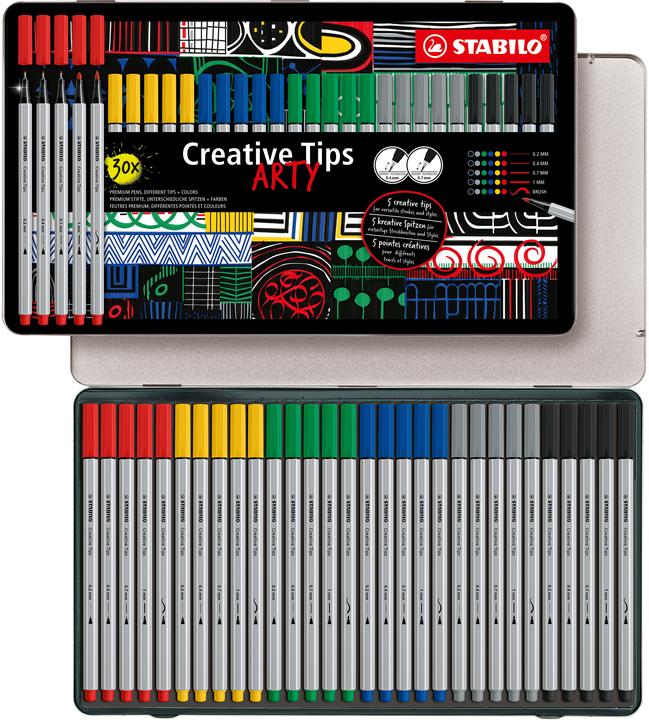 Actual product image STABILO Feutre à pointe fine Creative Tips Arty (Crimson, Yellow, Ultramarine, Black, Light grey, Green, 30 x)