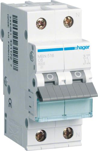 Actual product image Hager MBN516. Number of poles: 2P. AC input frequency: 50/60 Hz, Nominal current output: 16 A.