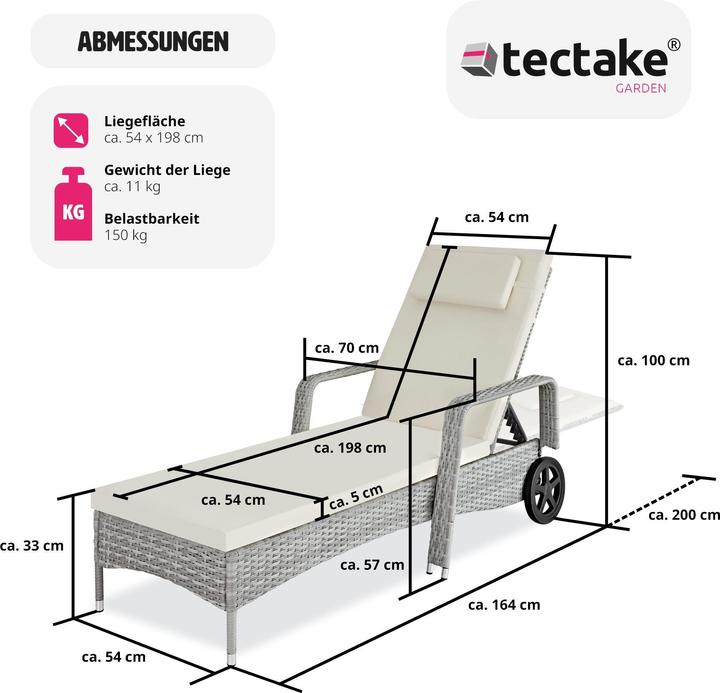Produktbild tectake Sonnenliege Rattan mit Rollen (200 cm)
