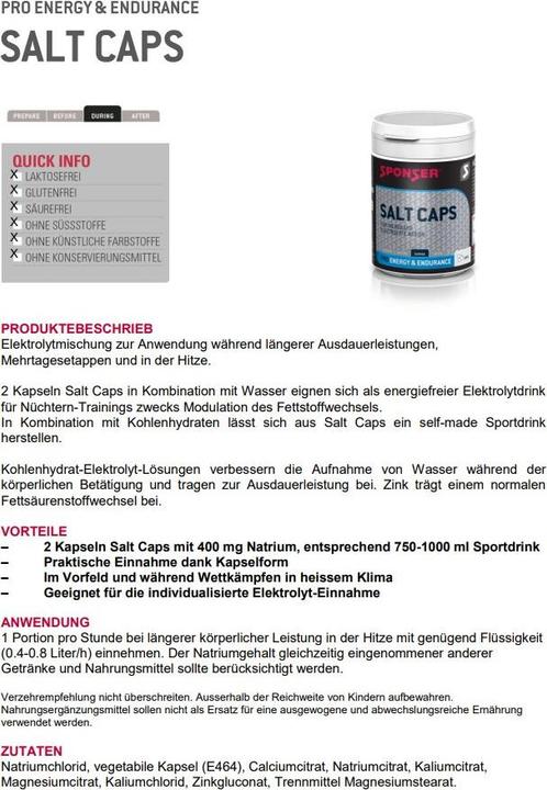 Nutritional values and ingredients Sponser Salt (1 Piece, Capsules, 120 g)