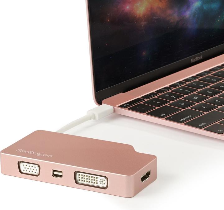 Produktbild StarTech USB-C Video Adapter Multiport - Rotgold - 4-in-1 USB-C auf VGA DVI HDMI oder mDP Display Adapter... (HDMI, DVI, VGA, Mini DP, 10.40 cm)